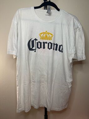 Corona White Short Sleeve Tee with Navy Logo and Yellow Crown